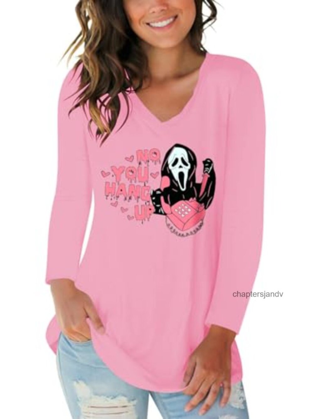 Long Sleeve V-Neck Tunic Tee Casual Graphic Top